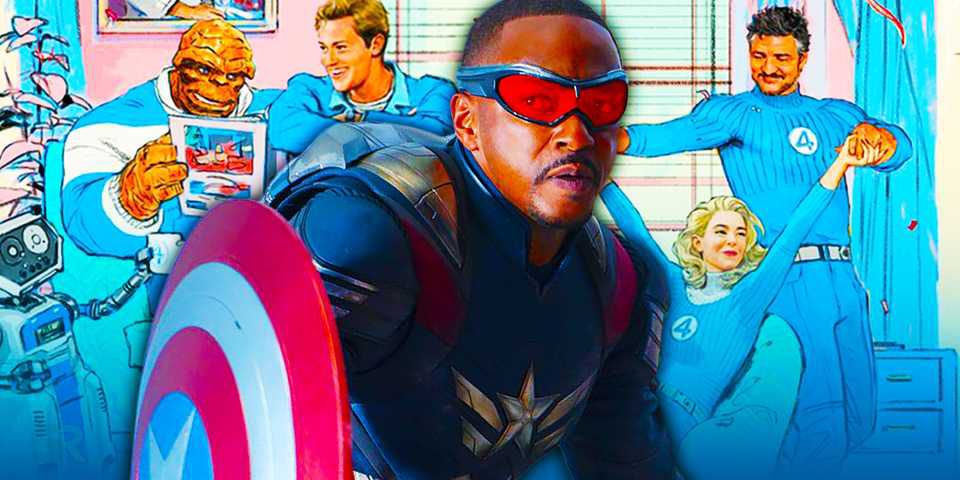 anthony mackie as sam wilson in full blue captain america costume with the fantastic four official casting art 1406637864985024825