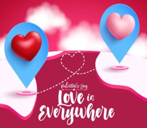 valentine s background design love is everywhere text with navigation pin with hearts for valentine s long distance relationship design illustration vector