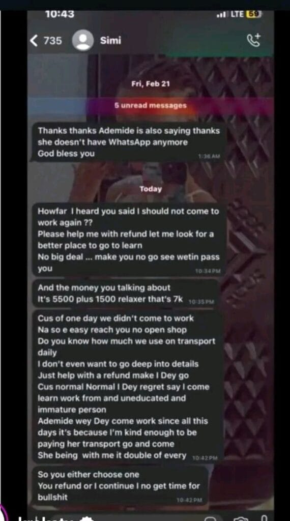 Hairdresser Fired Apprentice for Absence, Shares Rude Messages 5 17411108974978334962207348955386