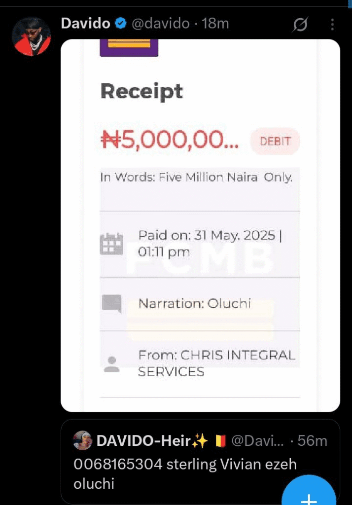 Singer Davido Gifts Female Fan ₦5 Million After Viral Tweet 3 Singer Davido Gifts Female Fan ₦5 Million After Viral Tweet